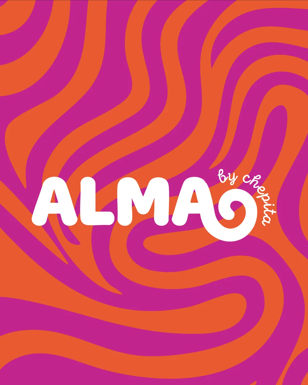 Logotipo de ALMA by Chepita sobre ondas magenta y naranja