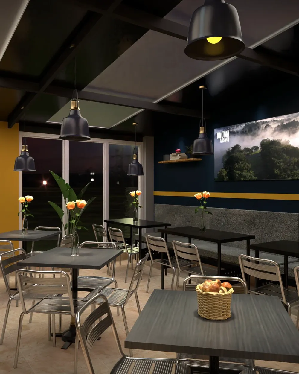 Render del salón junto al ventanal, de noche