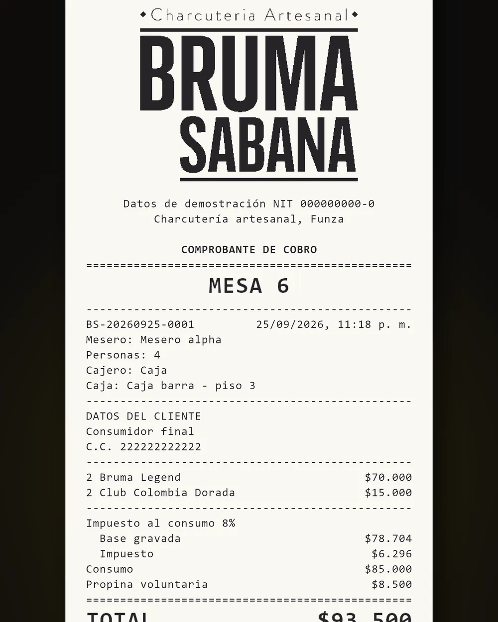 Tirilla de cobro de la mesa 6 impresa en térmica de 80 mm con el logo de Bruma Sabana